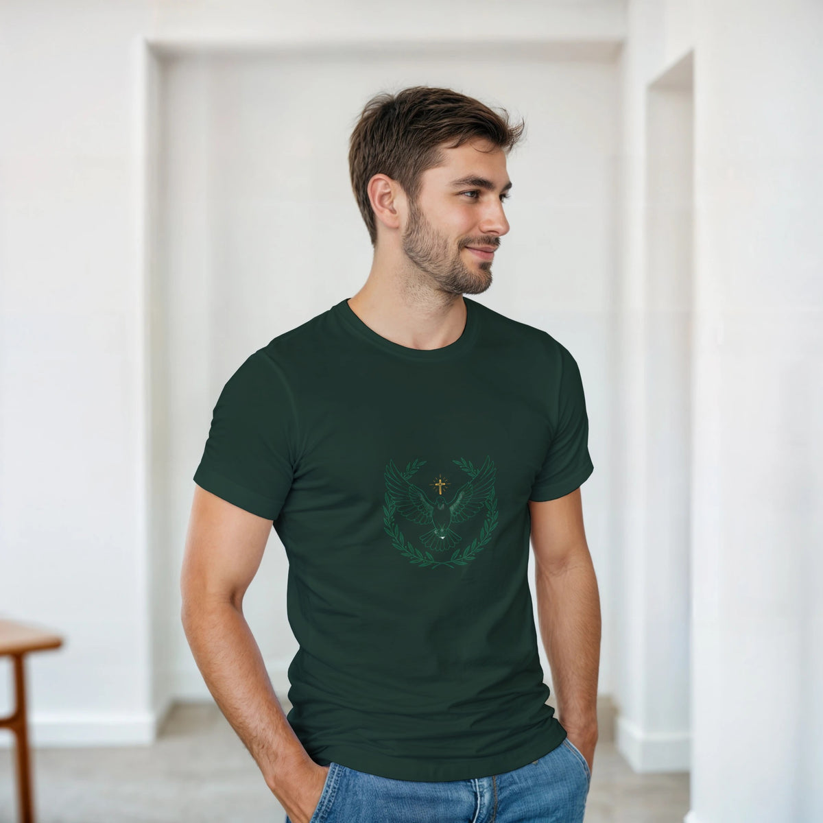 Forest Green t-shirt with a dove with wings spread inside an olive branch wreath below a cross
