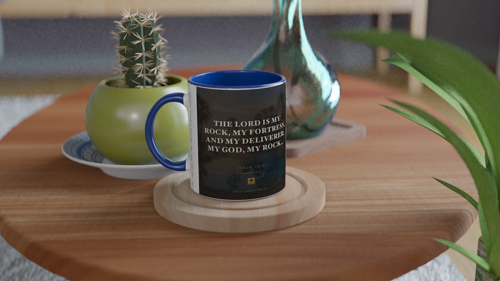 Psalm 18:2 ceramic mug with a yellow interior and handle, front view on a white background