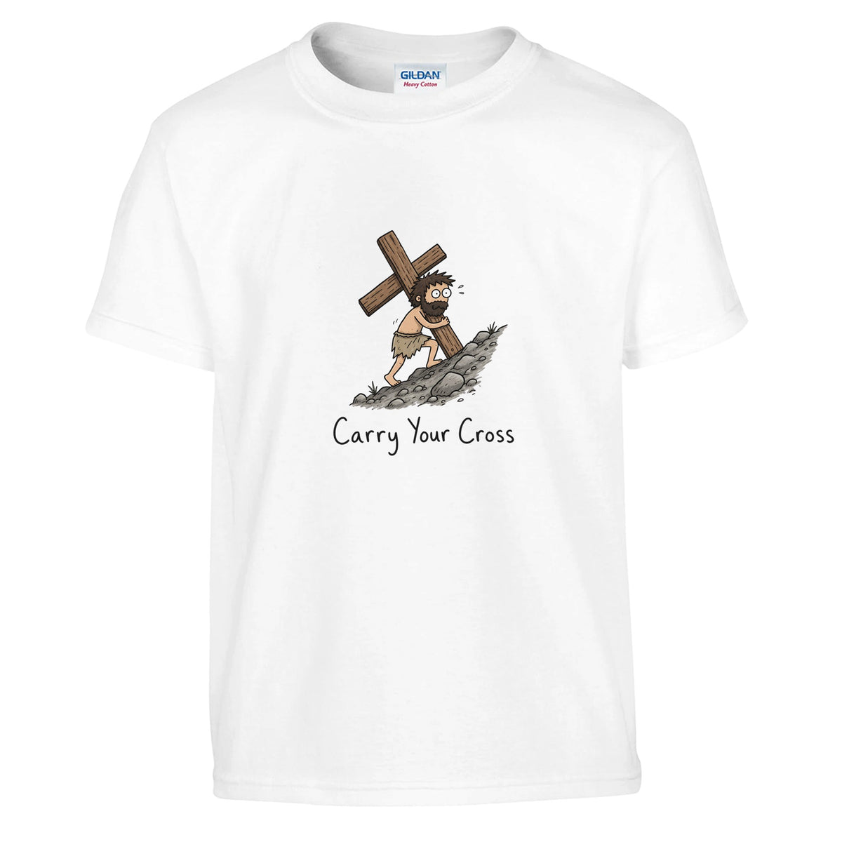 White Carry Your Cross Kids Tee, flat lay, figure carrying a cross uphill