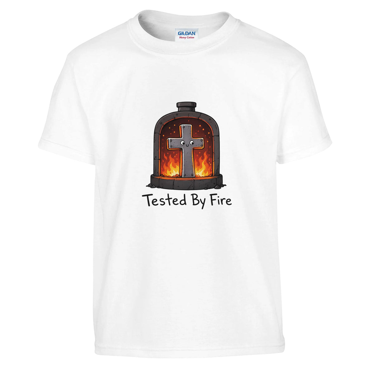 White Tested By Fire Kids Tee, flat lay, cross smiling in a fiery furnace
