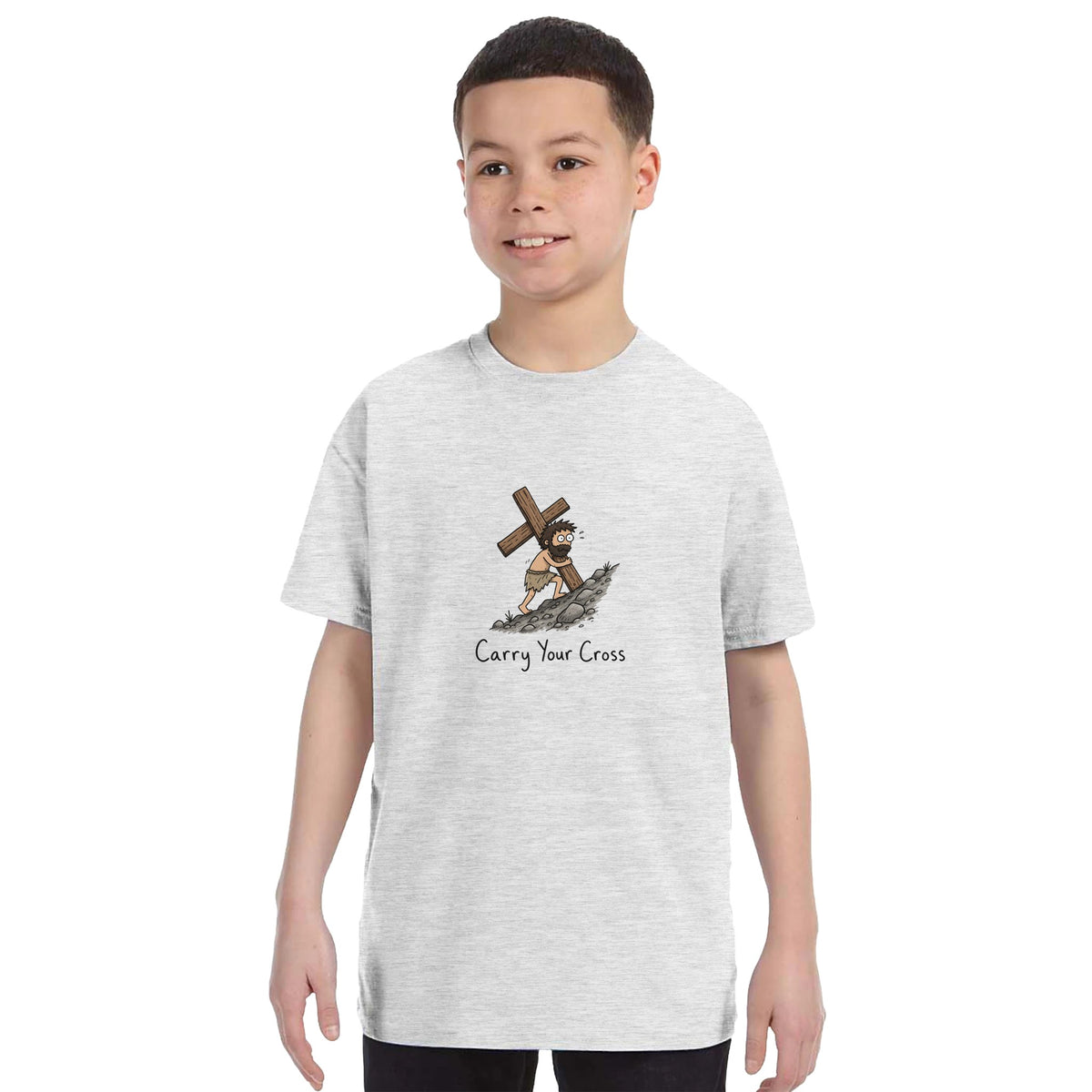 Grey heather Carry Your Cross Kids Tee, worn by boy model, figure carrying a cross uphill