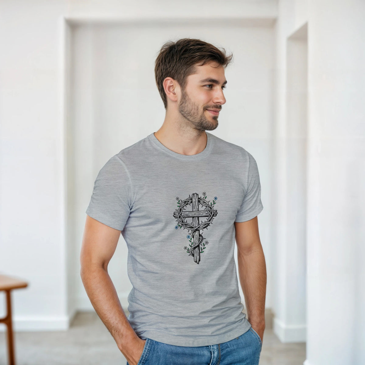 Sport grey heather Crown Of Thorns Cross Adult Tee, cross wrapped in thorns
