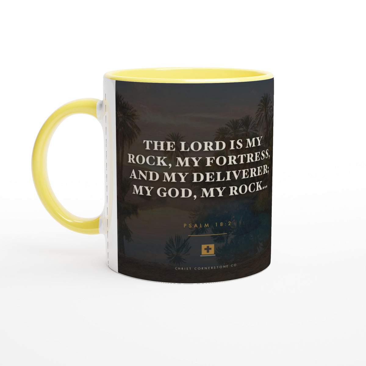 Psalm 18:2 ceramic mug with a yellow interior and handle, angled view showing the handle