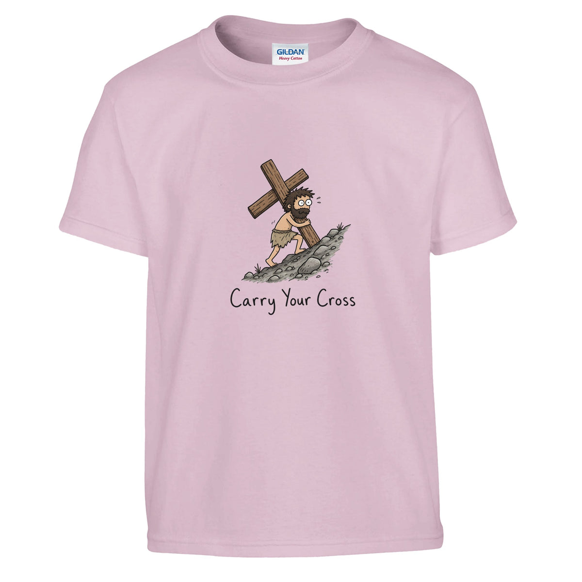 Pink Carry Your Cross Kids Tee, flat lay, figure carrying a cross uphill