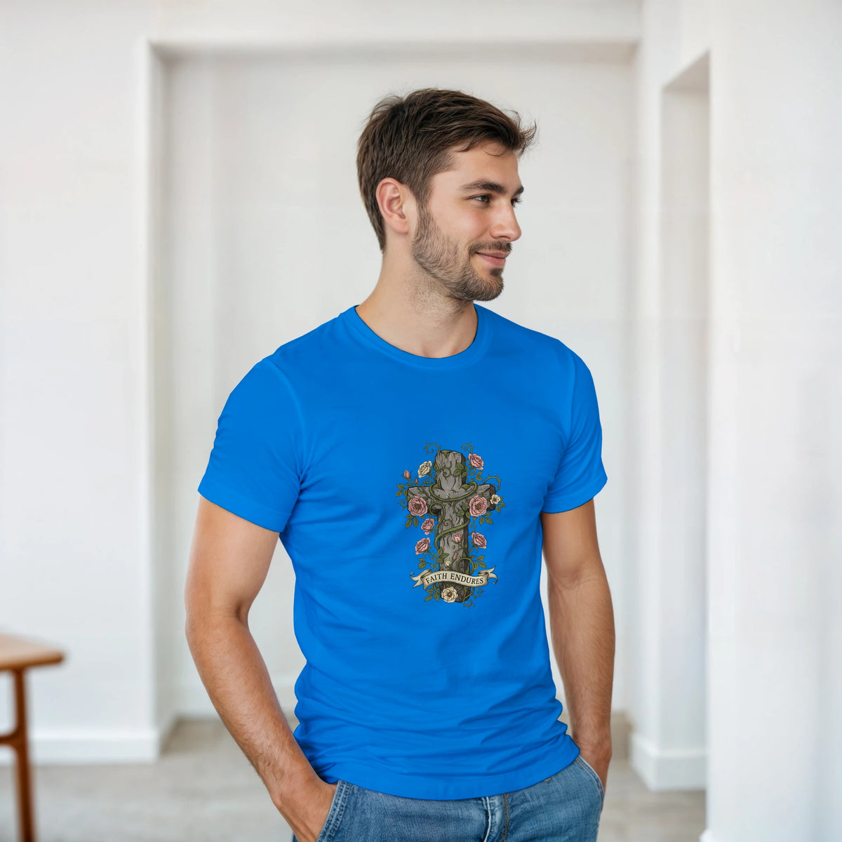 Royal blue Faith Endures Adult Tee, cross entwined with roses