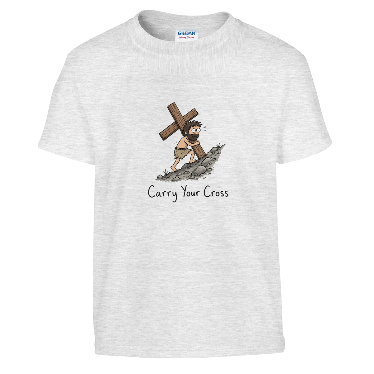 Carry Your Cross Kids Tee in ash grey — flat lay illustration of a figure carrying a wooden cross up a rocky hill, with Carry Your Cross text below
