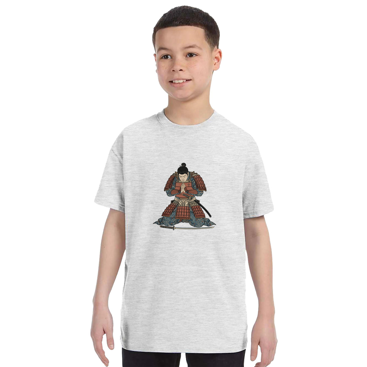 Grey heather Hands Together At Dawn Kids Tee, worn by boy model, samurai kneeling in prayer