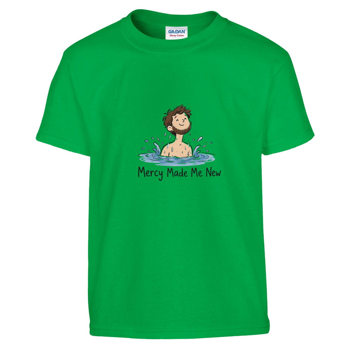 Green Mercy Made Me New Kids Tee, flat lay, man's head emerging from water