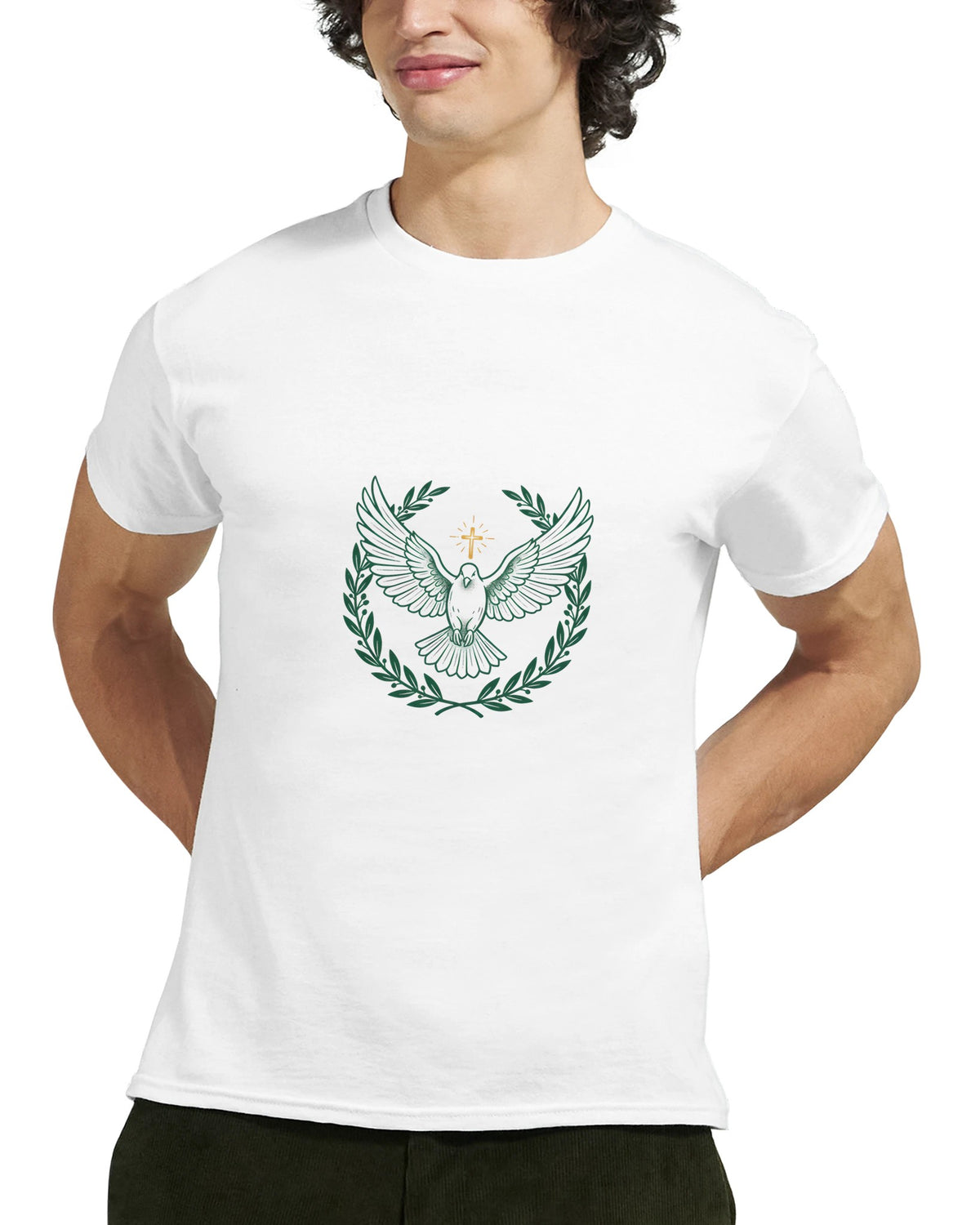 Close-up of a dove and olive branch wreath print on white t-shirt fabric