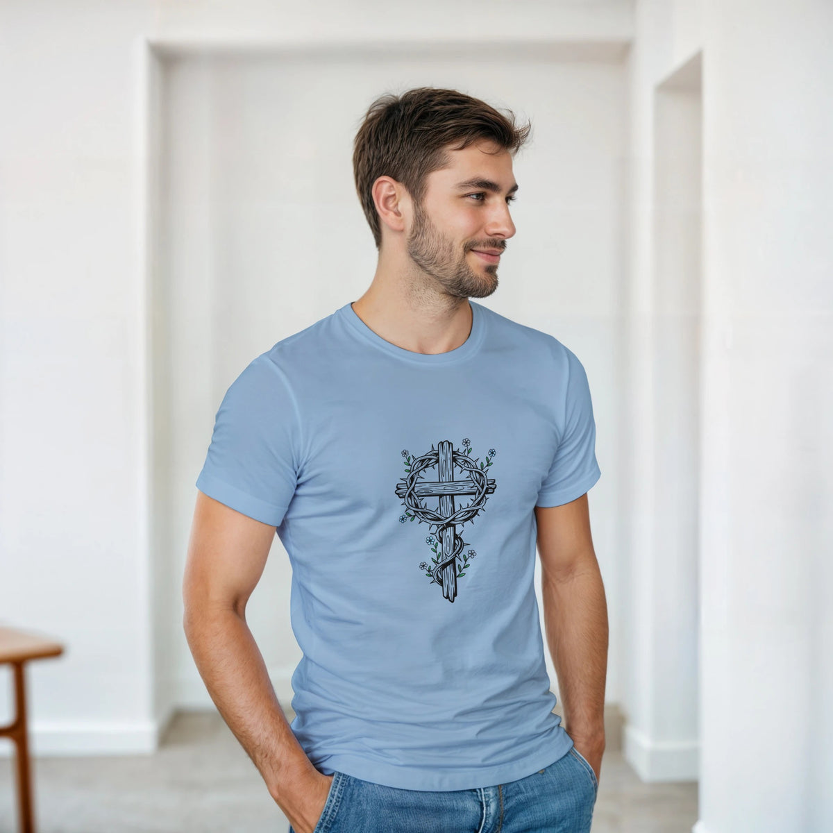 Light blue Crown Of Thorns Cross Adult Tee, cross wrapped in thorns