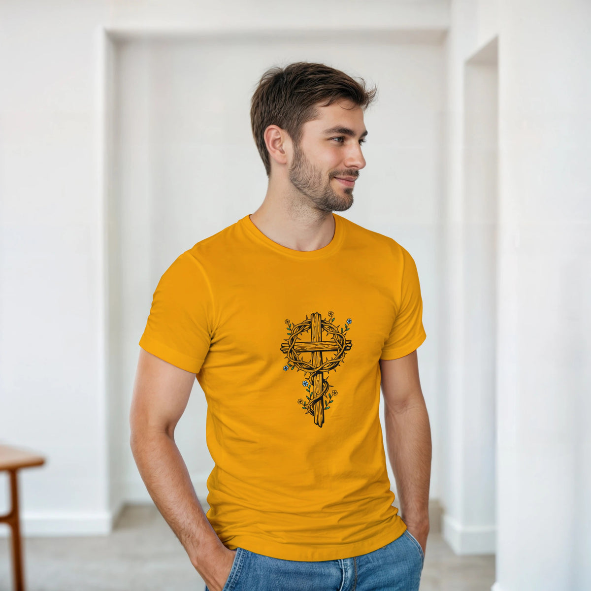 Gold Crown Of Thorns Cross Adult Tee, cross wrapped in thorns
