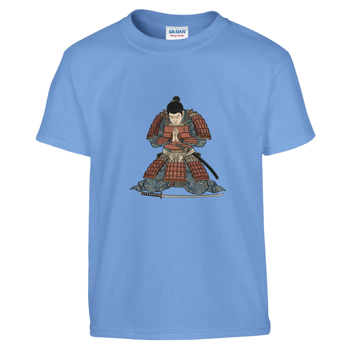 Light blue Hands Together At Dawn Kids Tee, flat lay, samurai kneeling in prayer
