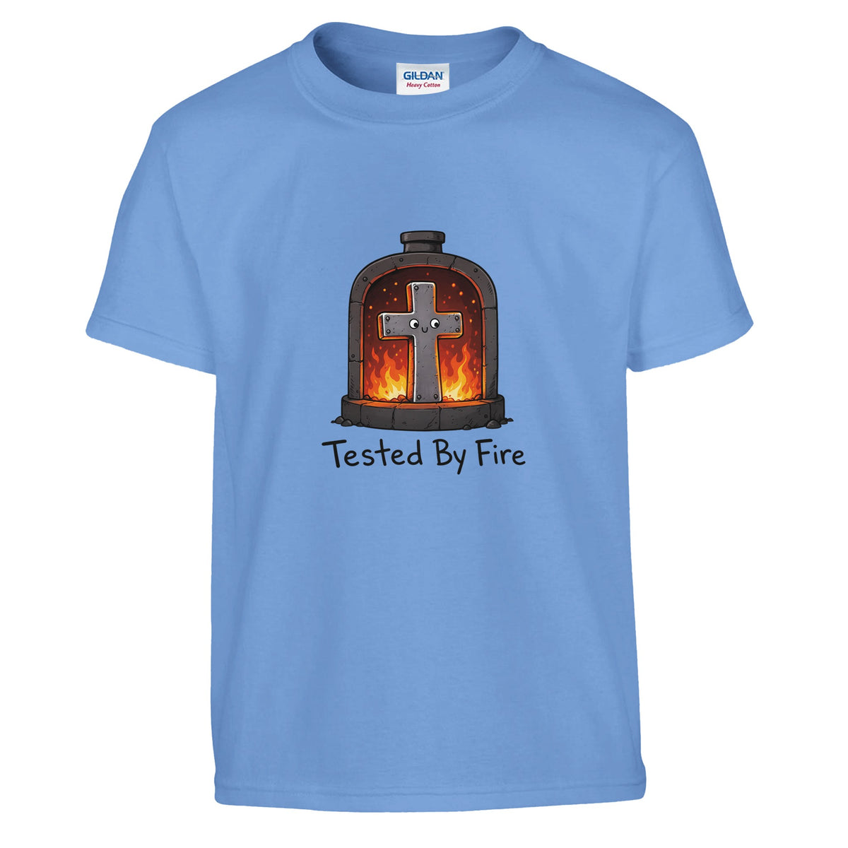 Light blue Tested By Fire Kids Tee, flat lay, cross smiling in a fiery furnace