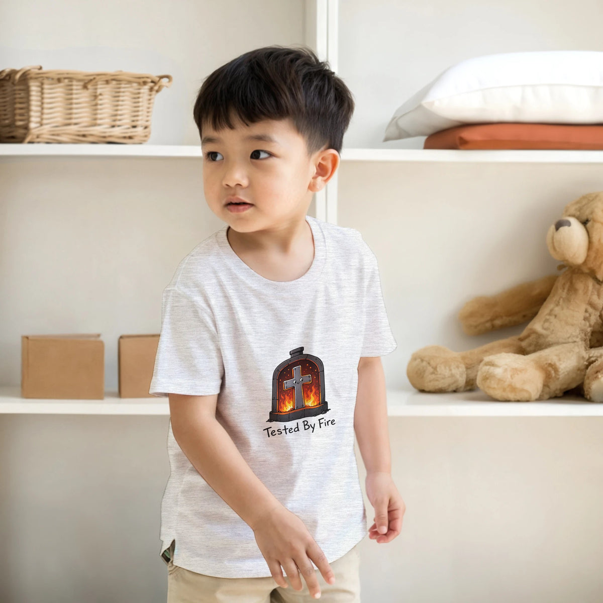 Grey Tested By Fire Kids Tee, room mockup with a shelf and teddy bear