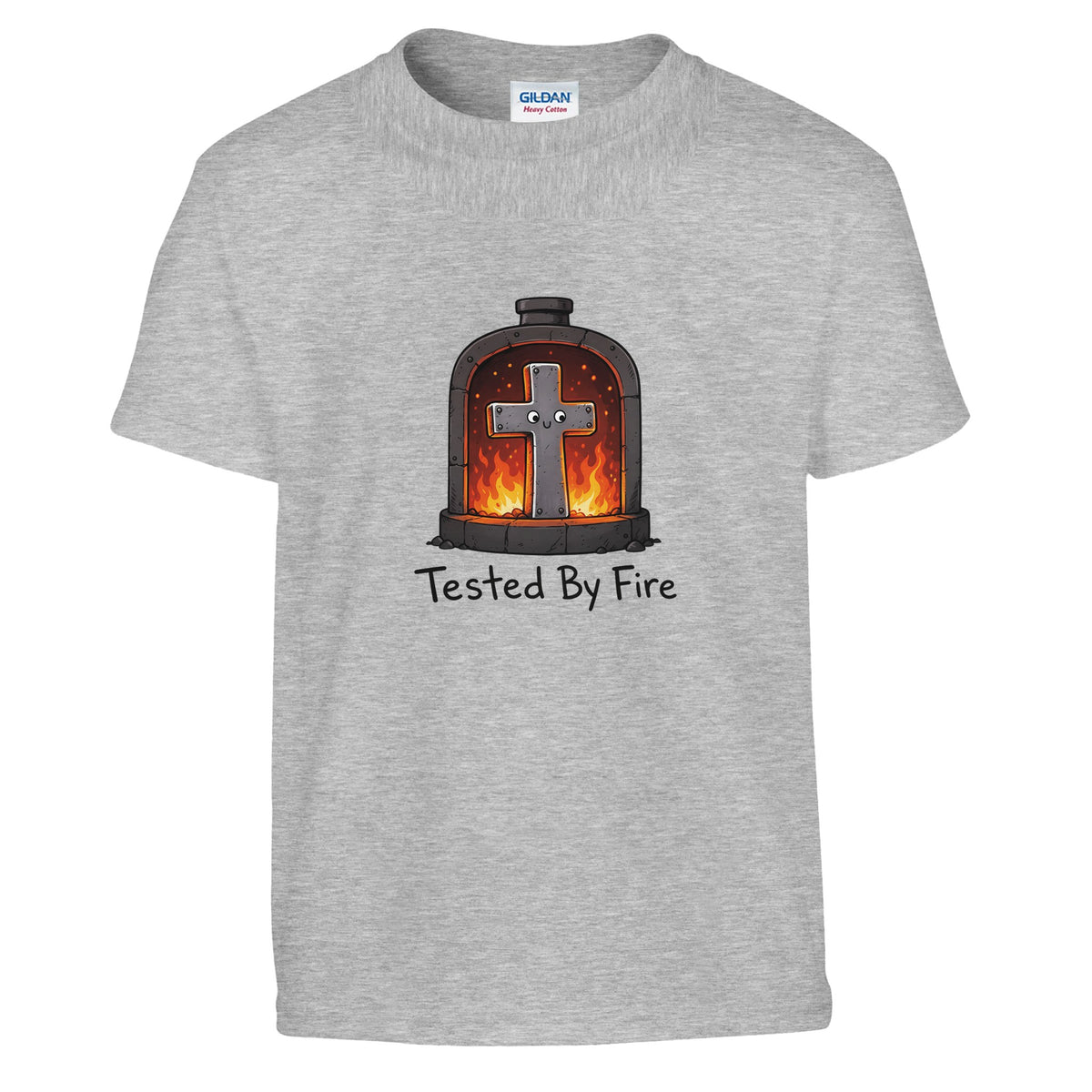 Grey Tested By Fire Kids Tee, flat lay, cross smiling in a fiery furnace