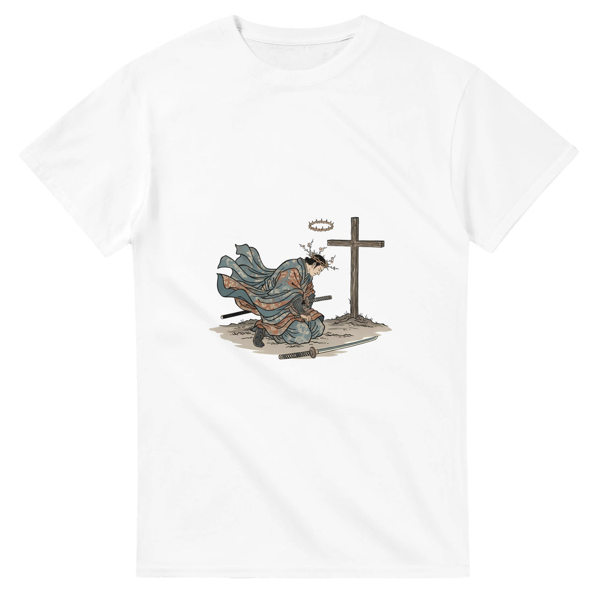 White The Wind And The Cross Adult Tee, flat lay, kneeling figure before a cross