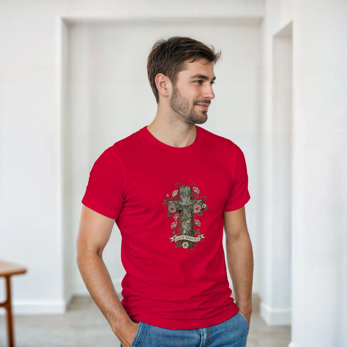 Red Faith Endures Adult Tee, cross entwined with roses