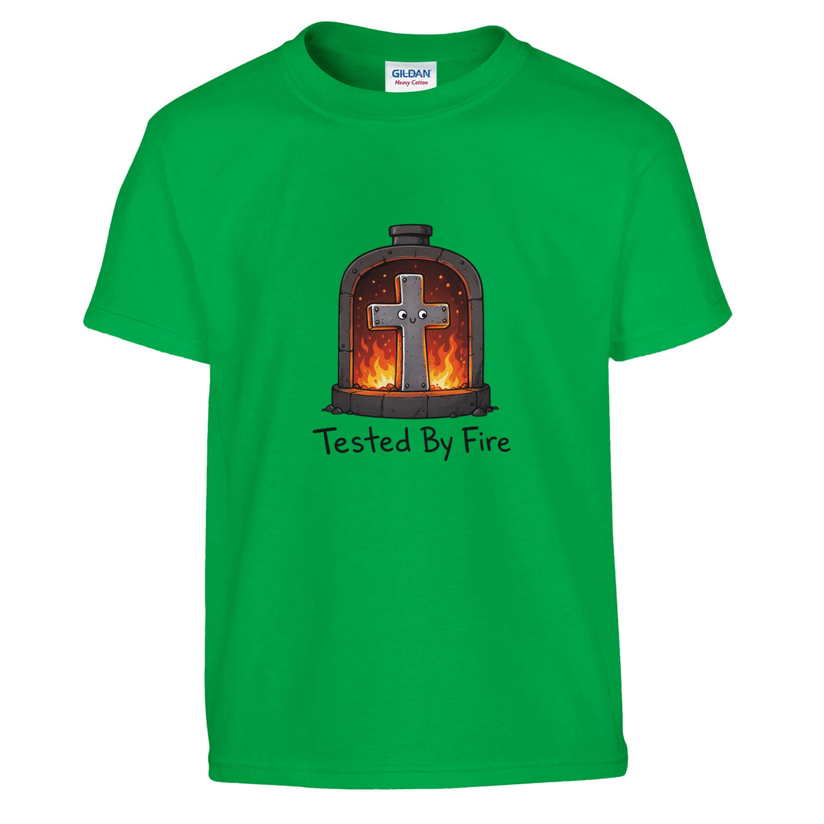 Green Tested By Fire Kids Tee, flat lay, cross smiling in a fiery furnace