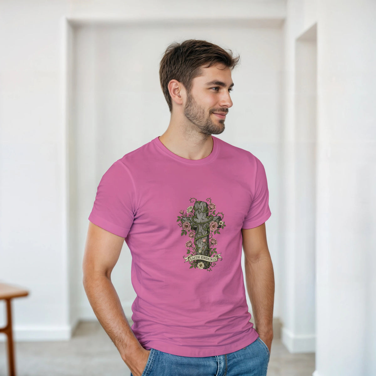 Pink Faith Endures Adult Tee, cross entwined with roses