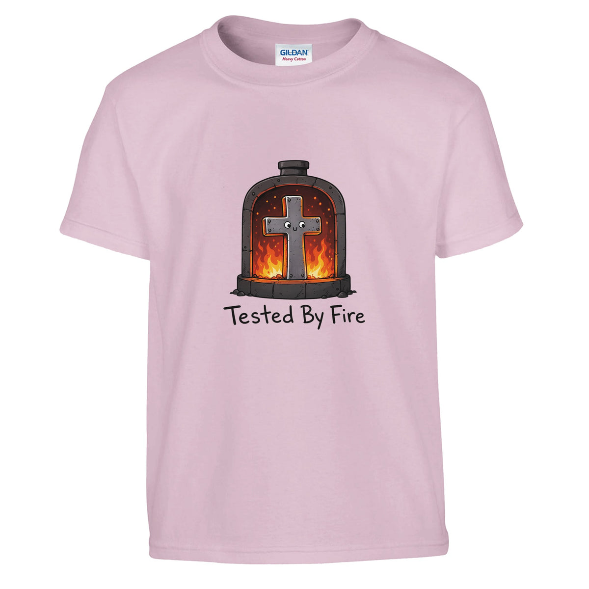 Pink Tested By Fire Kids Tee, flat lay, cross smiling in a fiery furnace