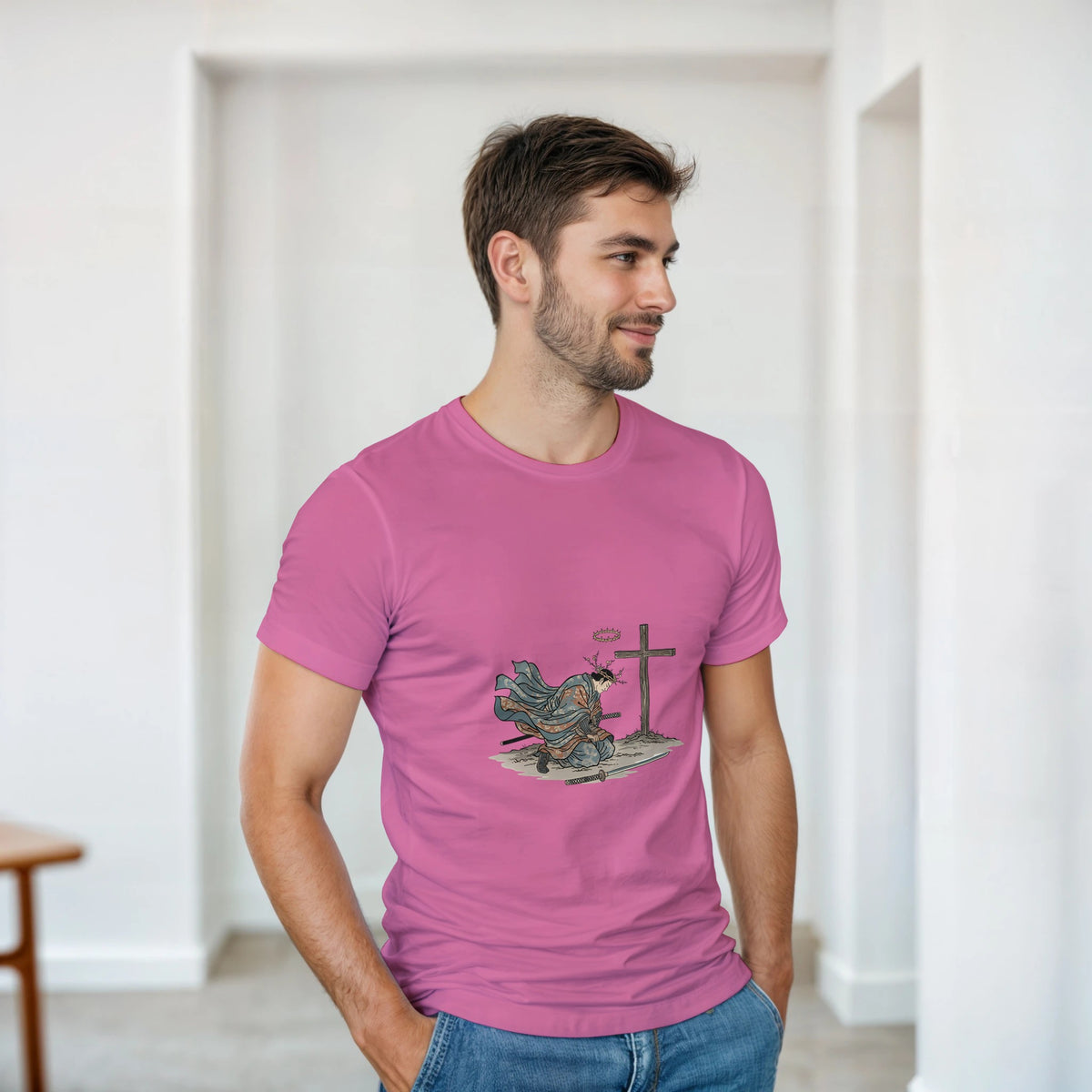 Pink The Wind And The Cross Adult Tee, kneeling figure before a cross
