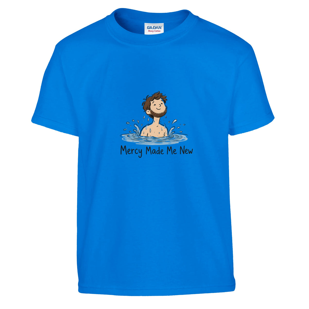 Royal blue Mercy Made Me New Kids Tee, flat lay, man's head emerging from water