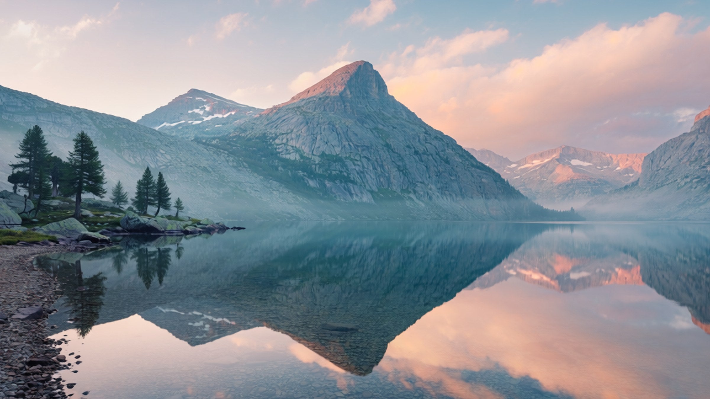 Still lake reflecting mountains